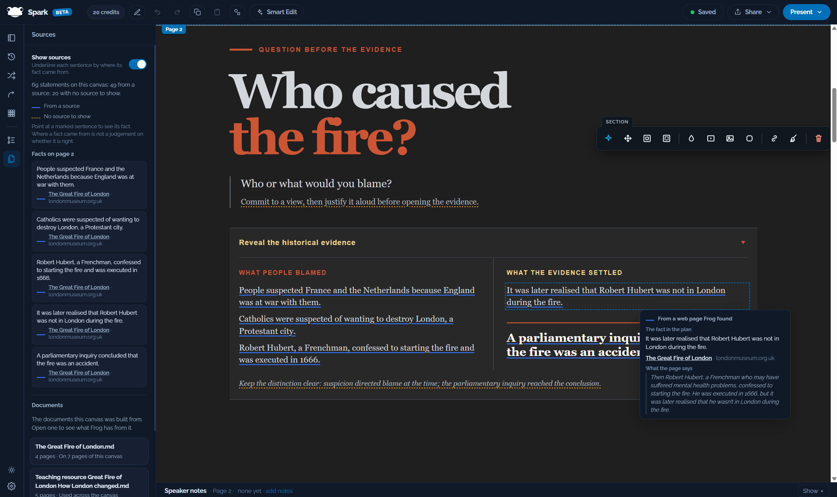 The Sources panel beside a Great Fire of London lesson: blue underlines connect statements to their sources, and a selected statement reveals its London Museum source and supporting passage. Statements with no source to show are marked separately.