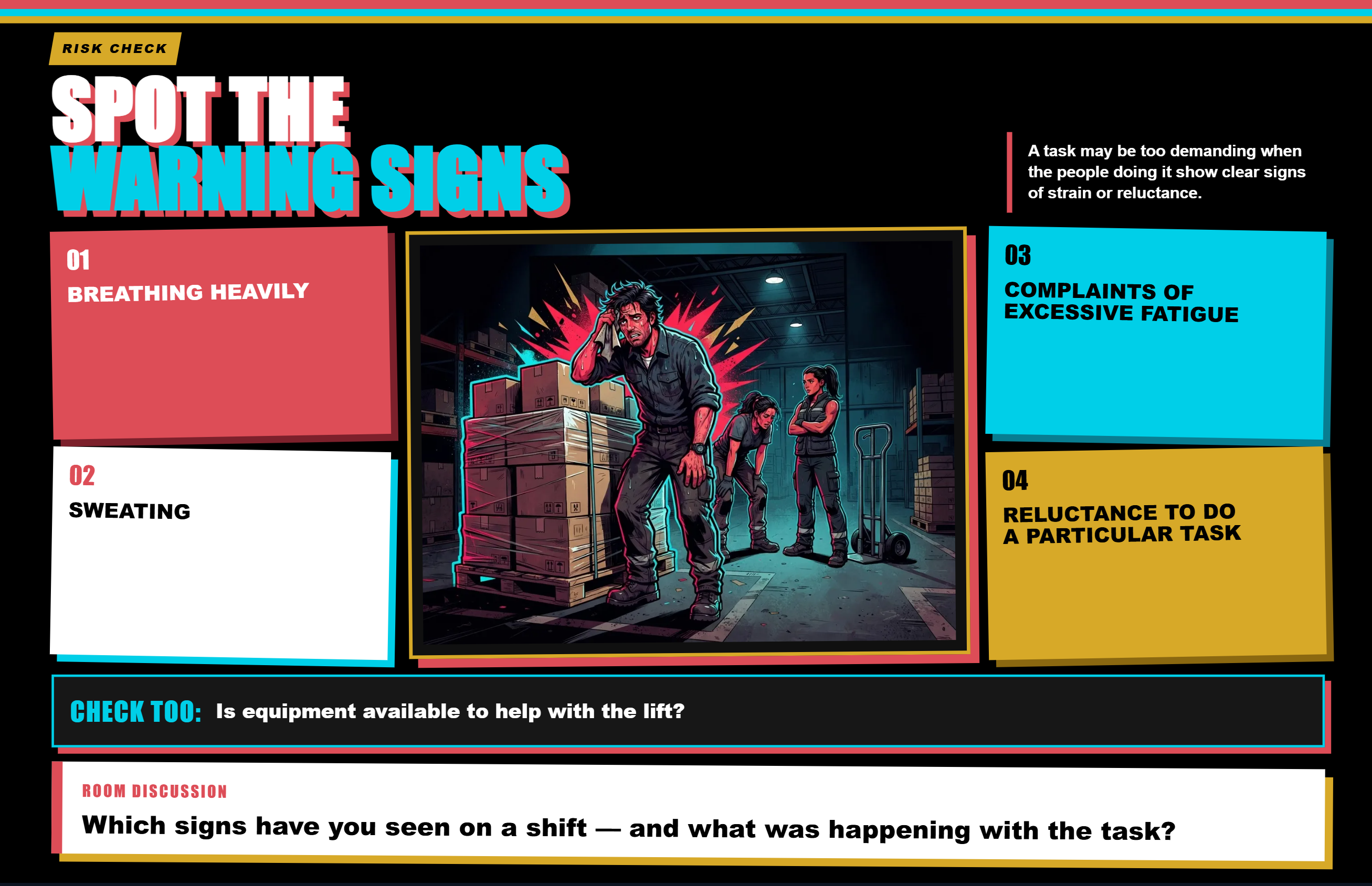 An illustrated warehouse worker appears beside warning-sign cards and a room discussion prompt, in a vivid wrestling-show visual style.