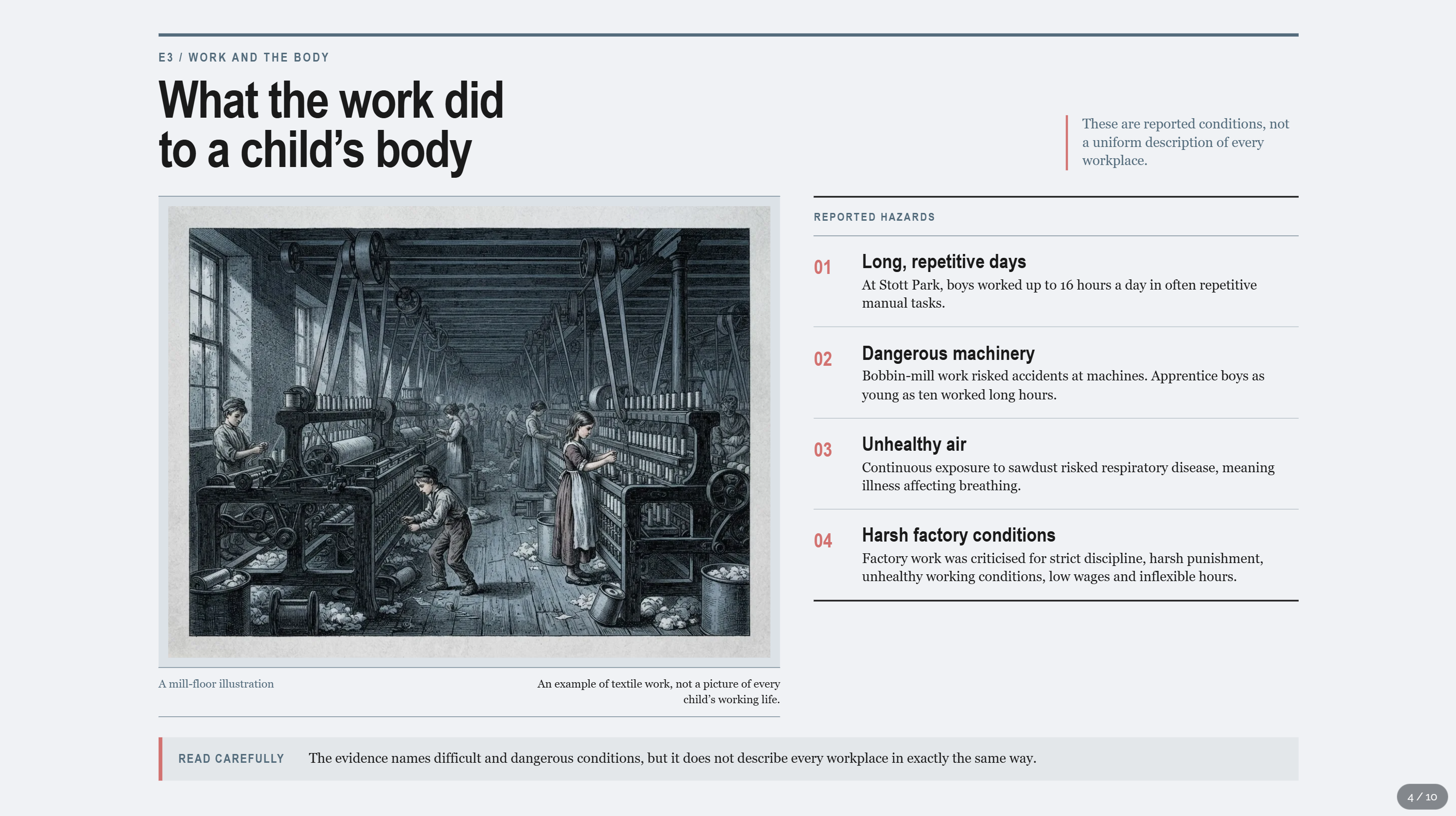 An illustrated mill floor accompanies four reported hazards and a question about the limits of the evidence.