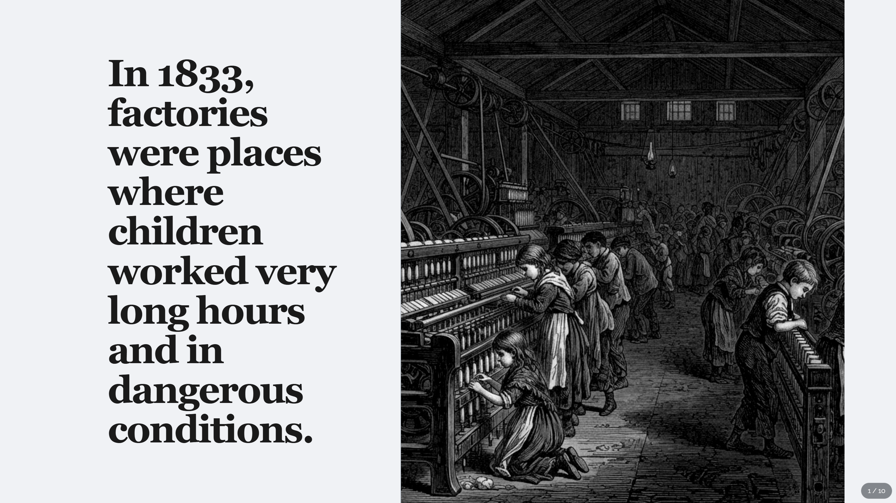 The lesson opens with bold editorial typography beside a detailed black and white illustration of children working in a factory.