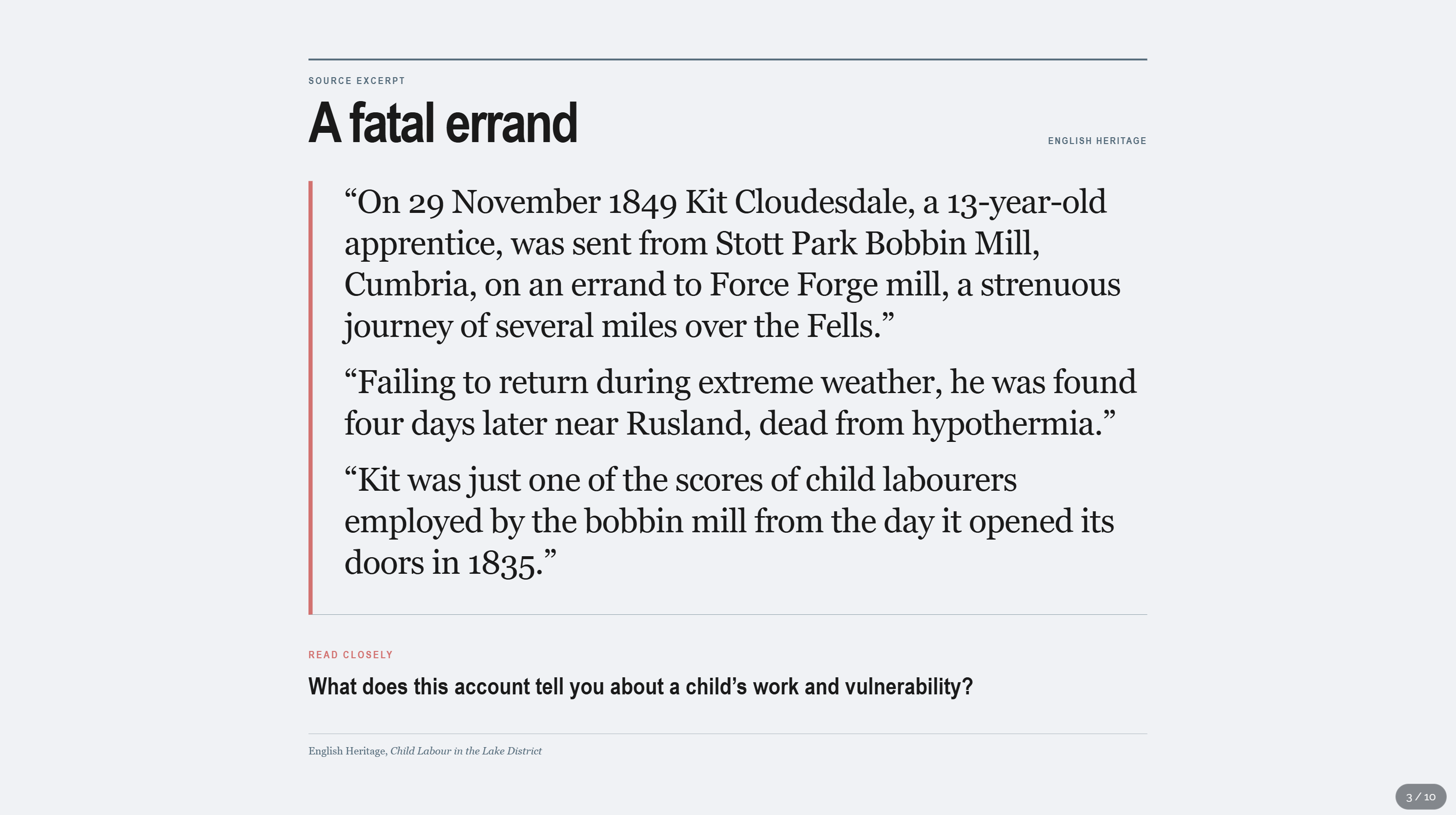 A page titled A fatal errand presents an English Heritage source excerpt and asks what it reveals about a child’s work and vulnerability.