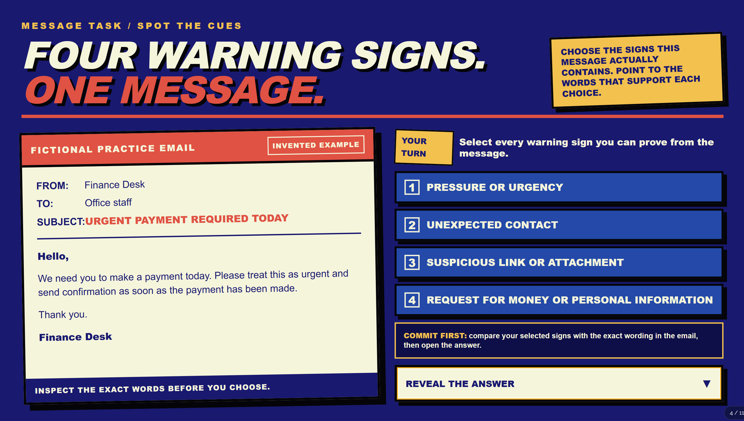 A comic-book styled activity asks learners to inspect a fictional email and choose the warning signs supported by its wording.