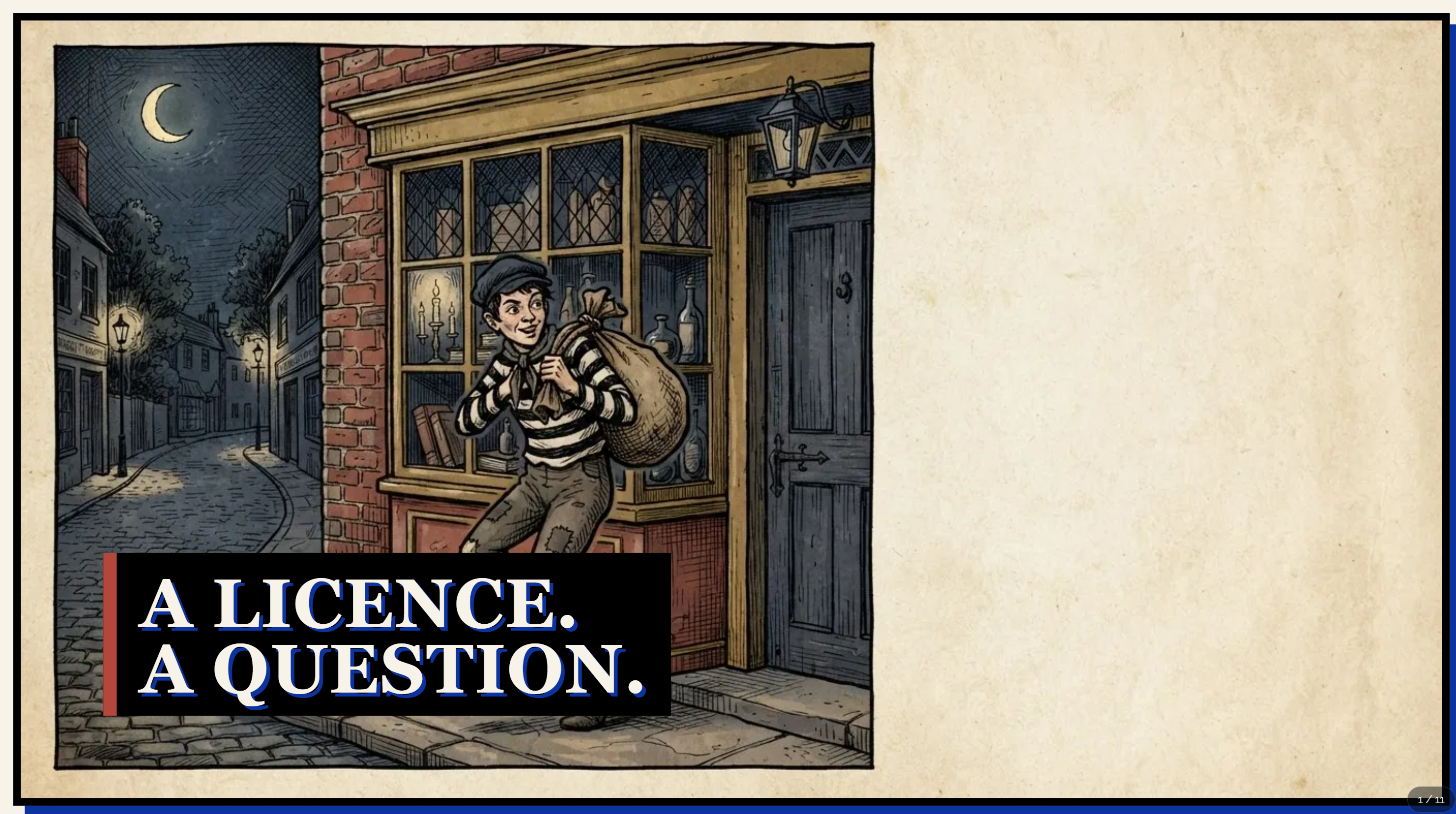 An old-fashioned illustrated robber stands outside a shop beside the heading A licence. A question.