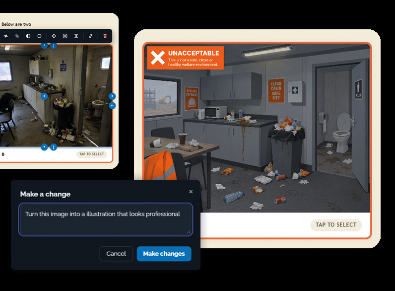 The real FrogSpark editor shows a Smart Edit request changing a workplace visual.